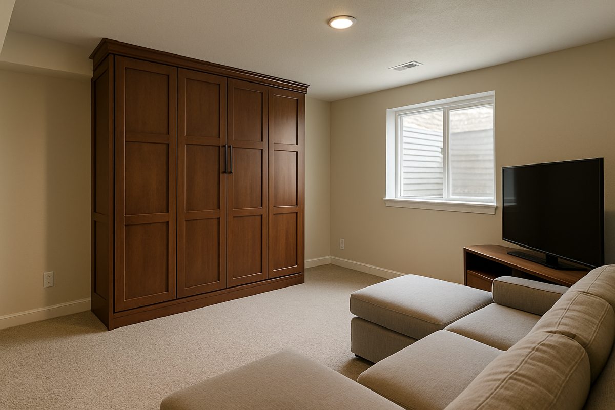 Room scene: a walnut murphy bed cabinet closed in a finished basement family room
