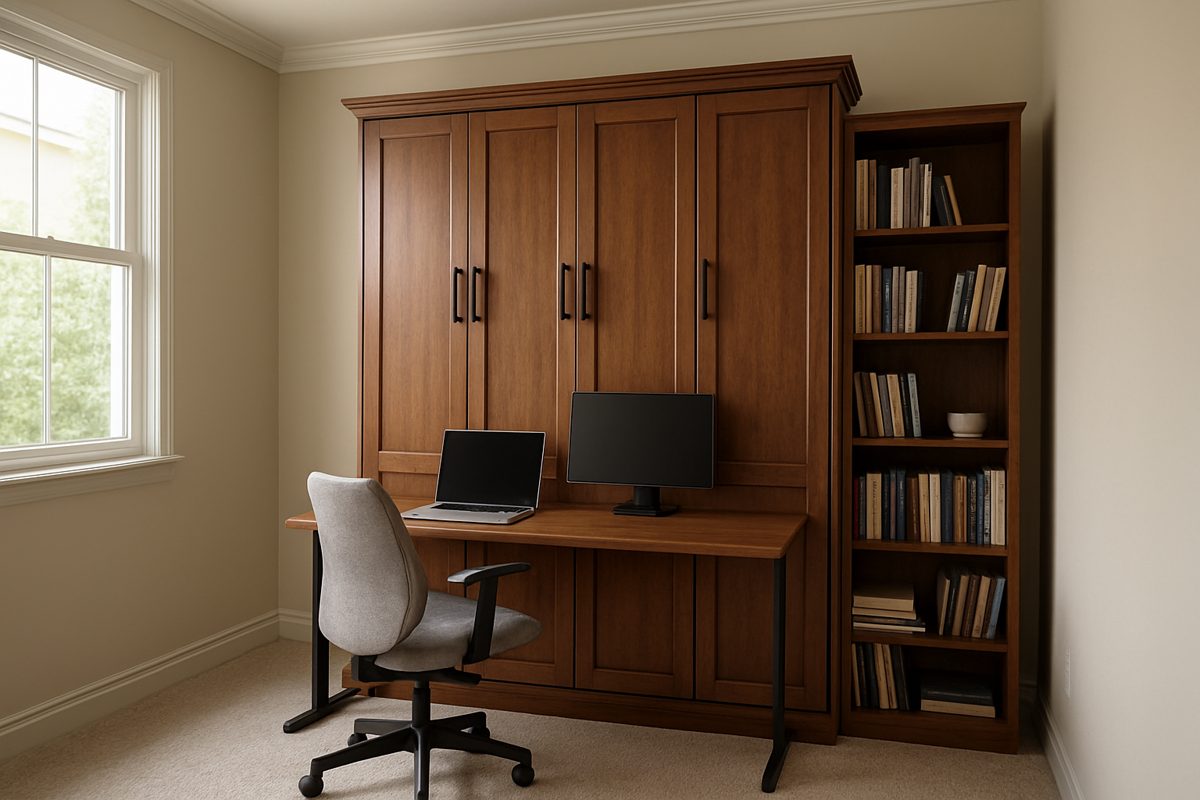 Room scene: a murphy desk bed closed with a laptop and monitor on the desk