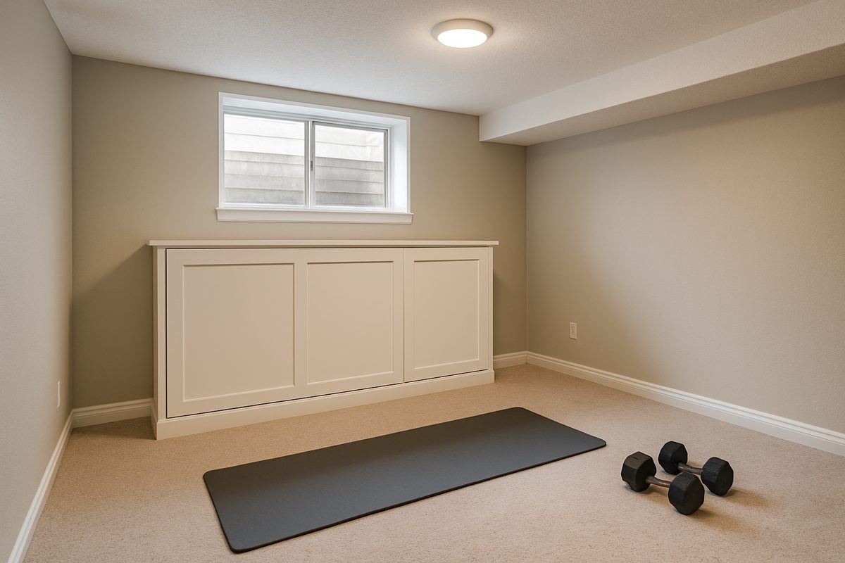 Room scene: a horizontal murphy bed in white shaker doors under a basement window, used as a home gym
