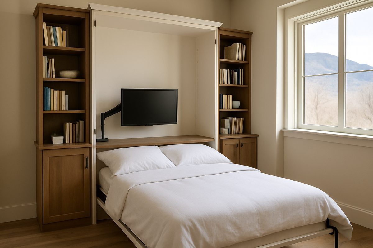 Room scene: a murphy desk bed open with the desk level underneath