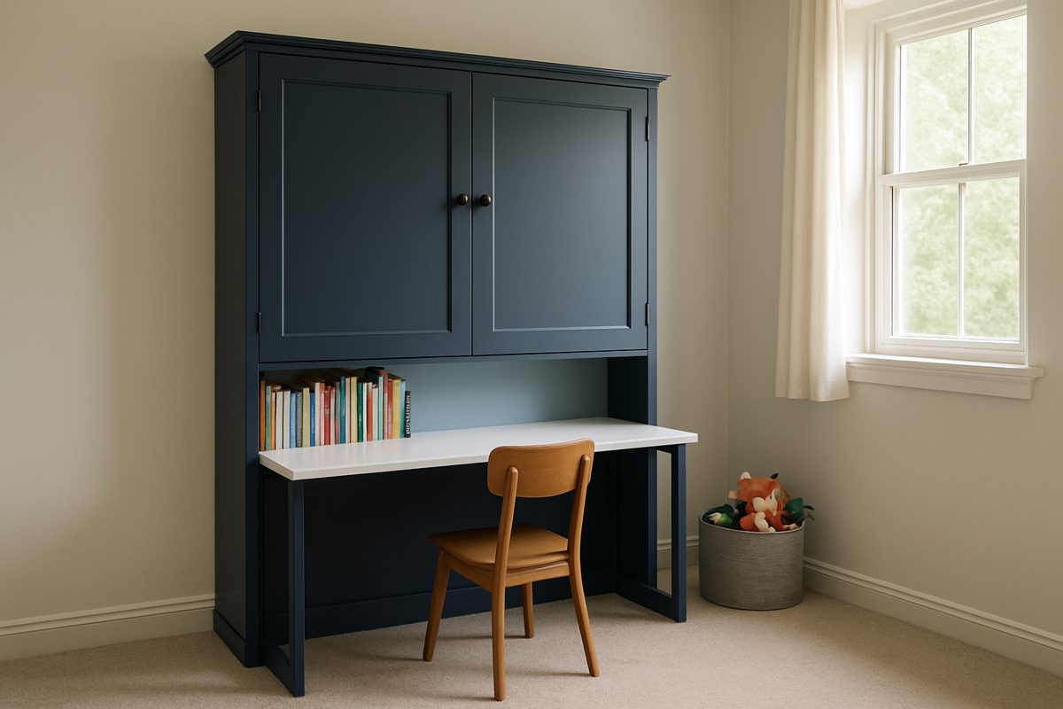 Room scene: a twin murphy desk bed in navy shaker doors in a kids room