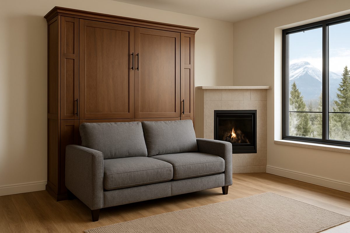 Room scene: a sofa in front of a closed murphy bed cabinet in a condo living room