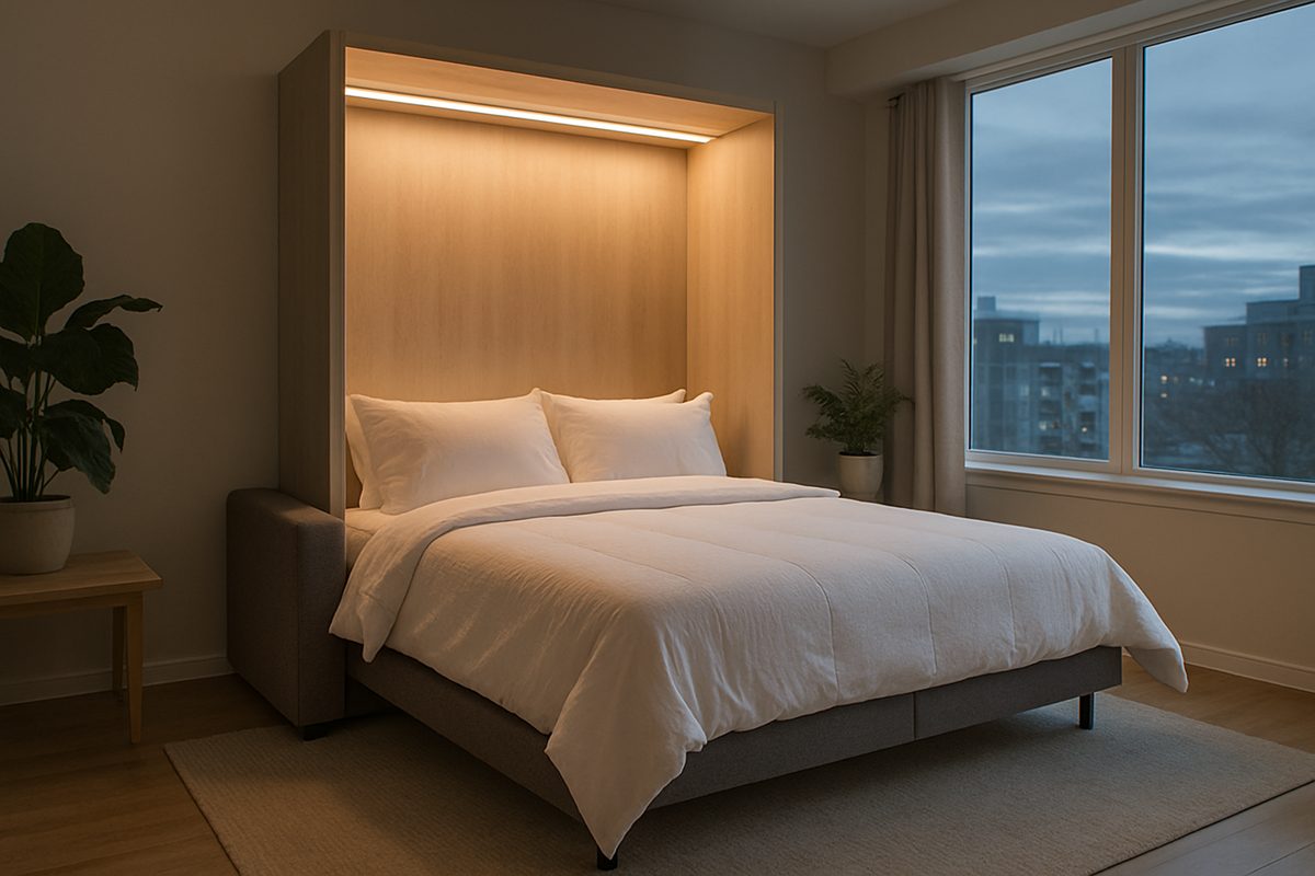 Room scene: the same murphy bed folded down over the sofa at dusk
