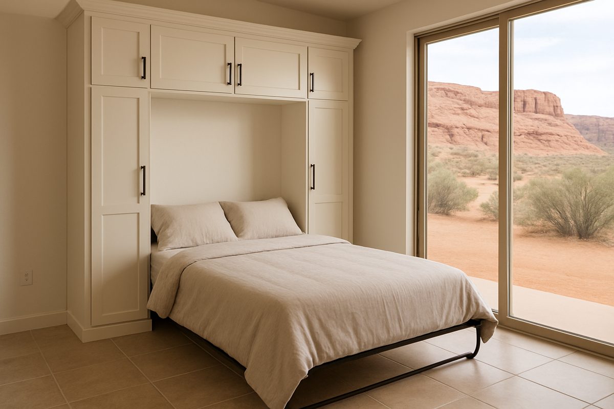 Room scene: a painted murphy bed open in a bright southern Utah casita